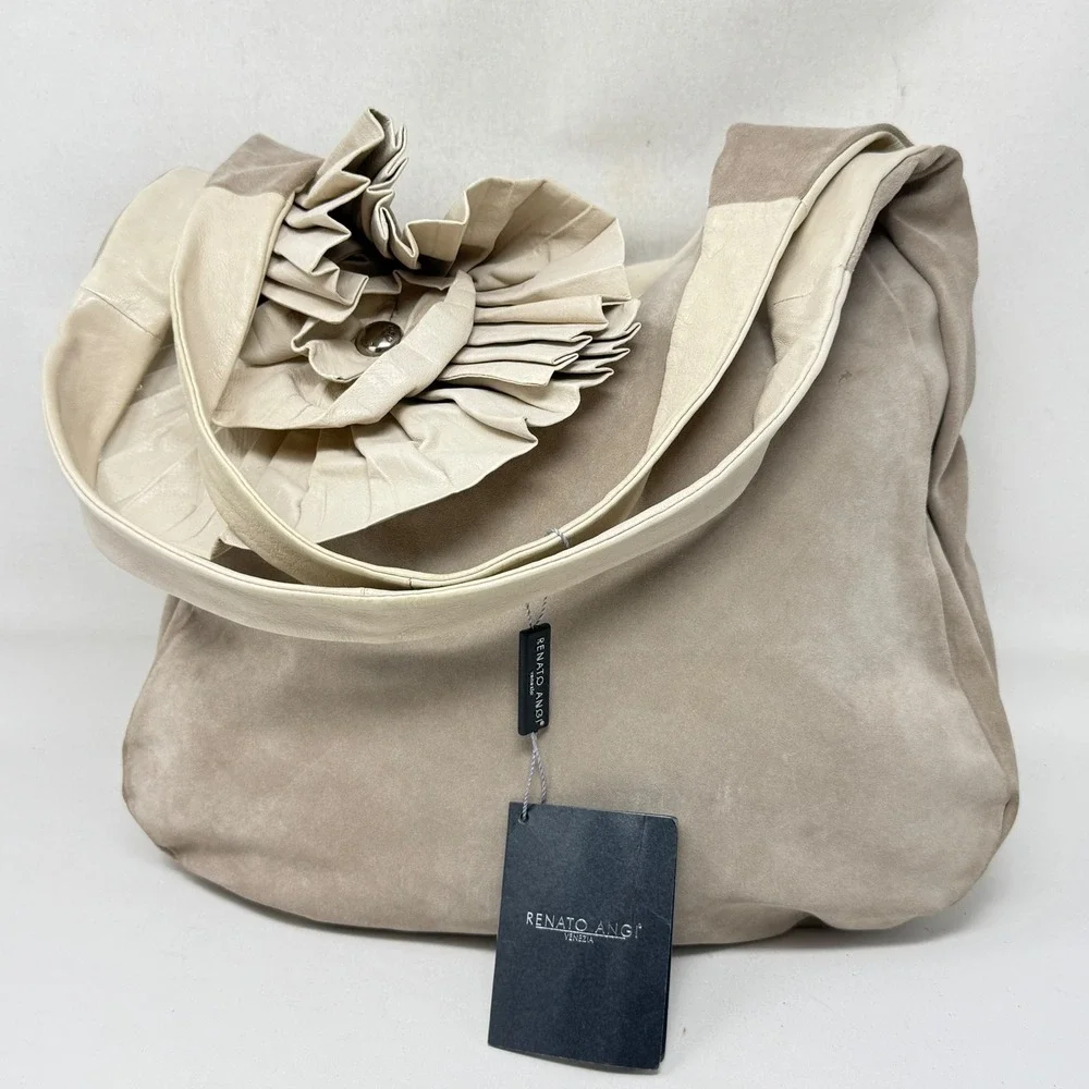 Renato Angi Beige Leather Ruffle Flower Double Handle Purse Shoulder Bag‎ NWT